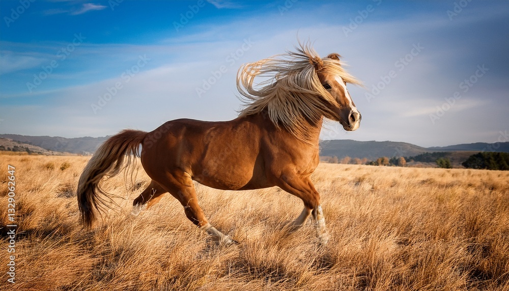 Obraz premium A messy-haired horse with its mane flowing in the wind, galloping freely across an open field, embodying freedom and grace as its hooves stir up the earth beneath the vast sky.