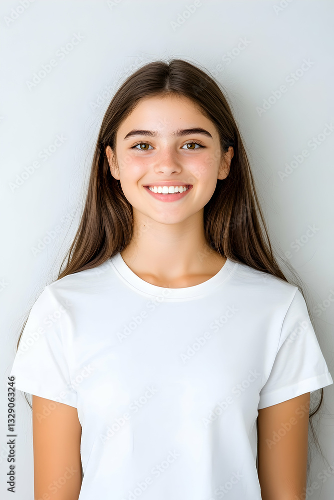 Smiling teenage girl in white t-shirt against light grey background Smiling teenage girl in white t-shirt against light grey background