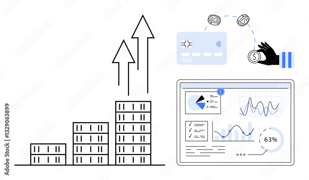 Fototapeta premium Stacked bar graph with upward arrows, analytics dashboard with charts, digital card transfer, hand holding cash. Ideal for finance, business, statistics, digital banking, technology economic growth