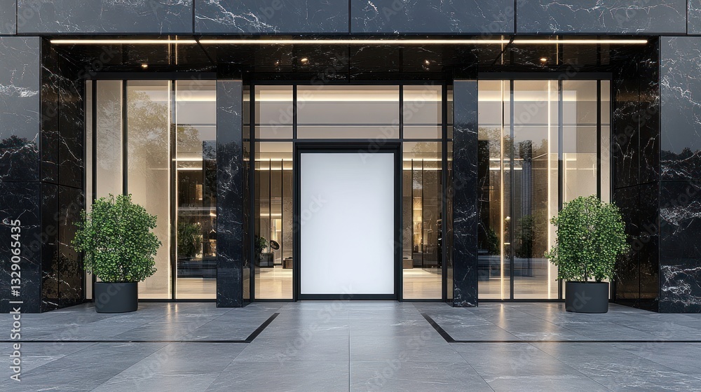 A modern building entrance framed with dark stone and glass A modern building entrance framed with dark stone and glass
