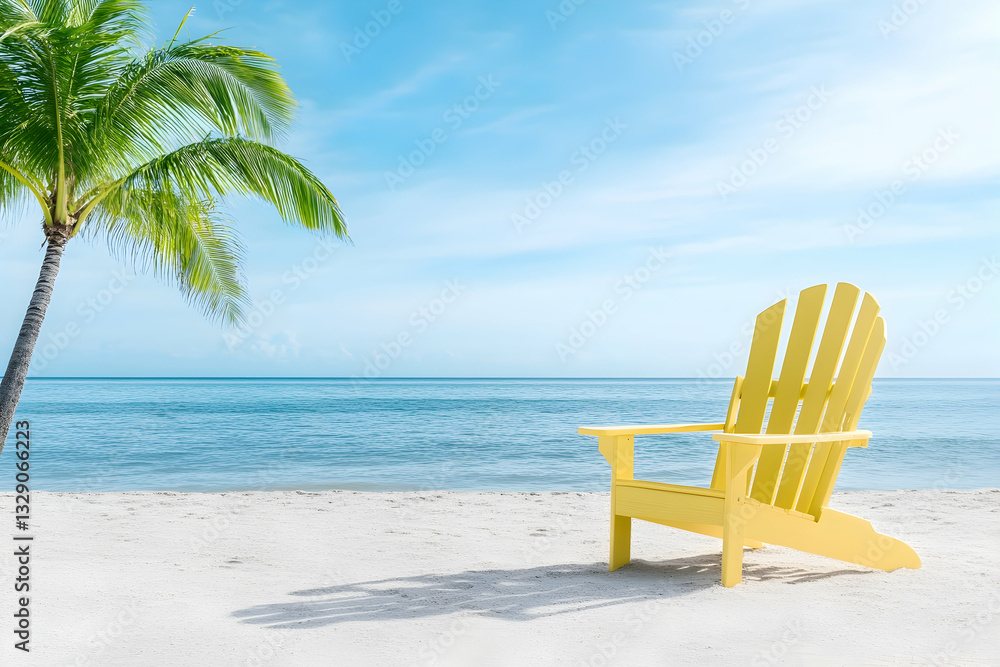 Sunny beach scene with yellow chair under palm tree Sunny beach scene with yellow chair under palm tree