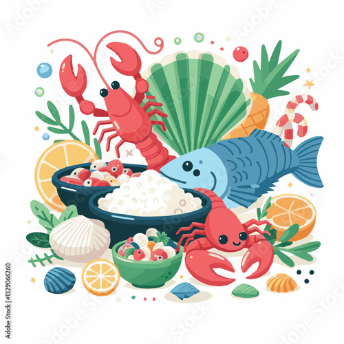 seafood, fish, restaurant, food, menu, dinner, sea, sketch, ocean, fresh, illustration, vector, vintage, market, shellfish, octopus, ink, meal, gourmet, shrimp, lobster, drawing, design, background, c
