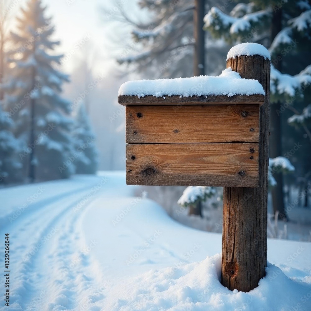 Naklejka premium Snow dusted wooden sign, winter landscape, idyllic scene , empty, scenic