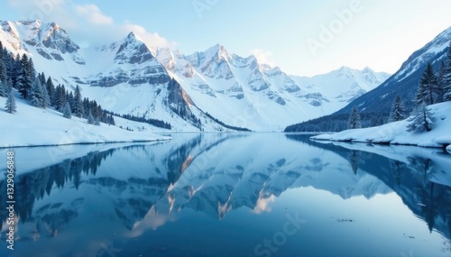 Wallpaper Mural Snowy mountain range mirrored in icy lake, crisp air, peak, landscape Torontodigital.ca