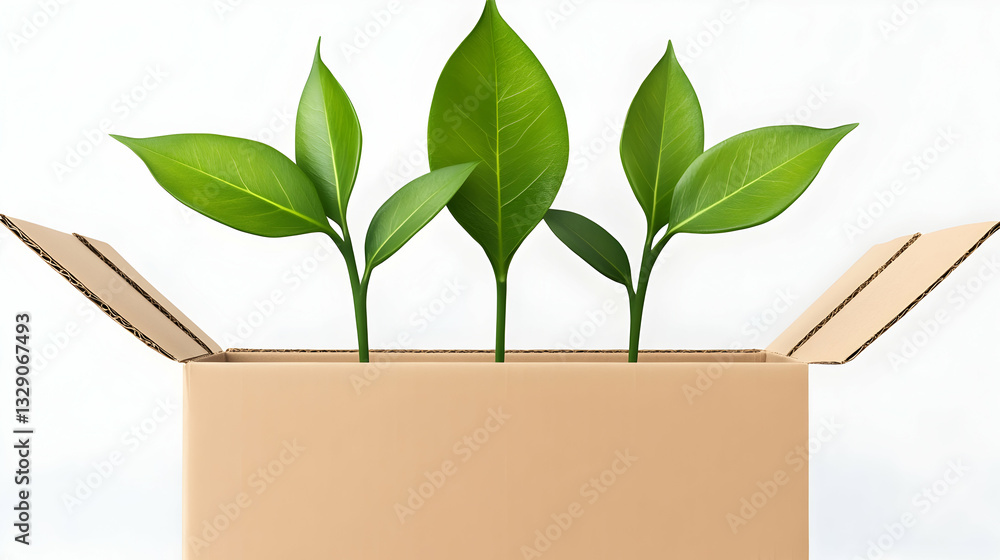 Three vibrant green sprouts emerge from an open cardboard box against a white backdrop Three vibrant green sprouts emerge from an open cardboard box against a white backdrop