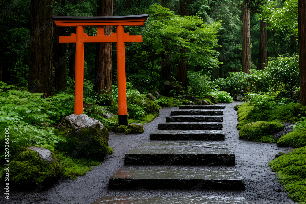 Tranquil Japanese garden path with vibrant red torii gate leading through lush greenery and moss-covered stones Tranquil Japanese garden path with vibrant red torii gate leading through lush greenery and moss-covered stones