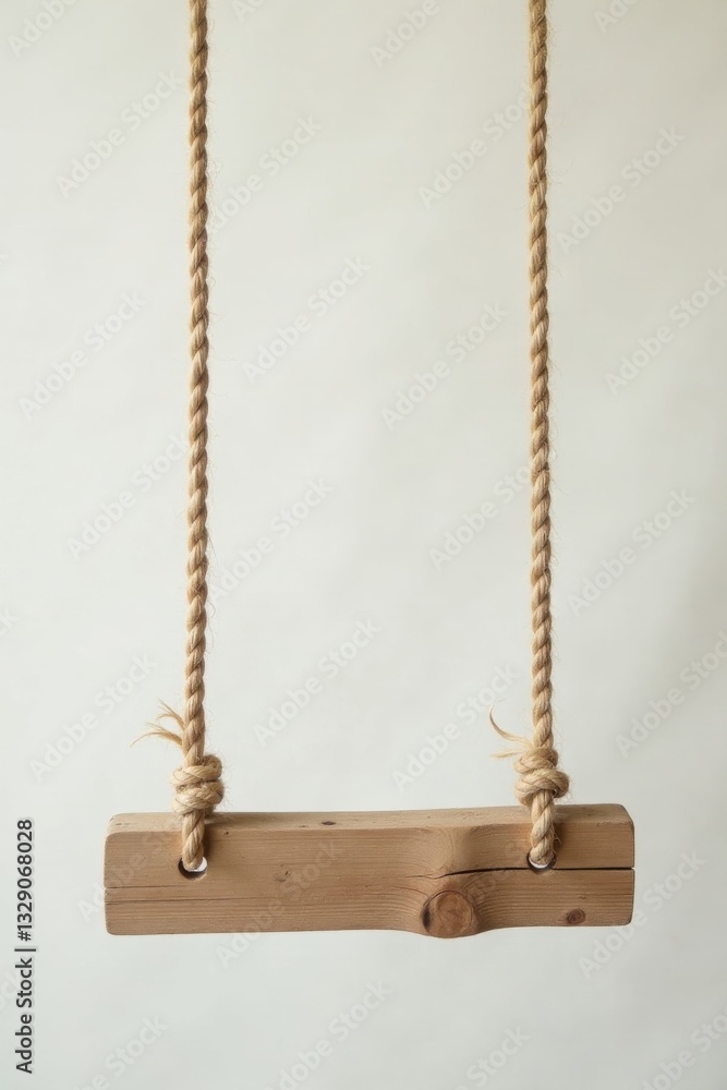 Rustic Wooden Swing Hanging from Natural Fiber Rope Against a Plain Background Rustic Wooden Swing Hanging from Natural Fiber Rope Against a Plain Background