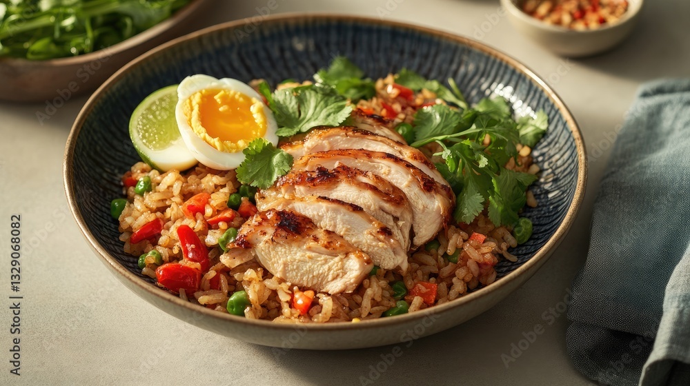 Delicious Chicken Rice Bowl with Soft Boiled Egg and Fresh Cilantro on a Decorative Plate Delicious Chicken Rice Bowl with Soft Boiled Egg and Fresh Cilantro on a Decorative Plate