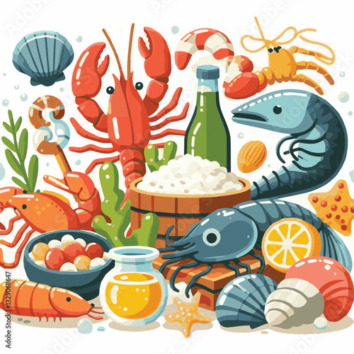seafood, fish, restaurant, food, menu, dinner, sea, sketch, ocean, fresh, illustration, vector, vintage, market, shellfish, octopus, ink, meal, gourmet, shrimp, lobster, drawing, design, background, c