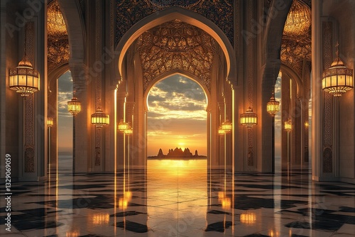 Architectural marvel: Intricate arches framing a serene sunset seascape view