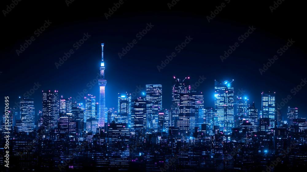 Fototapeta premium Vibrant nighttime cityscape panorama, illuminated skyscrapers and a prominent tower