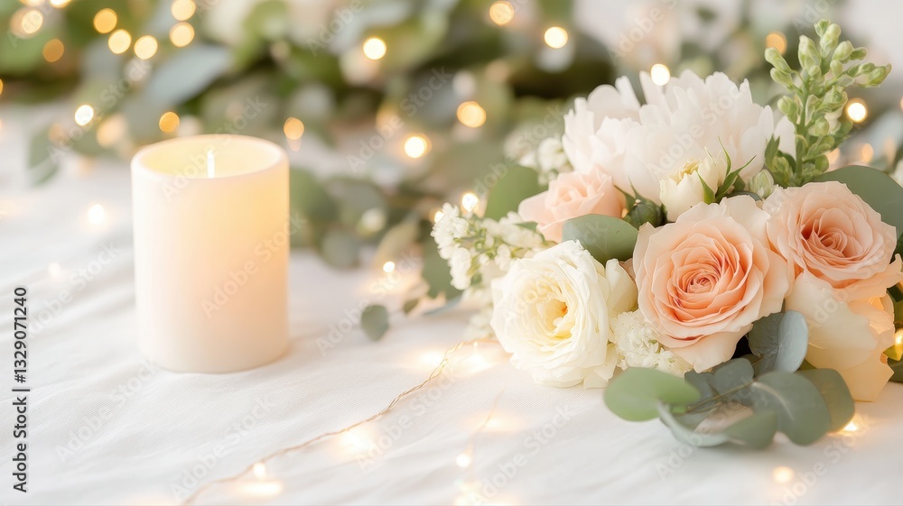 Elegant Floral Arrangement with Soft Lighting and Candle for Romantic and Serene Atmosphere Elegant Floral Arrangement with Soft Lighting and Candle for Romantic and Serene Atmosphere