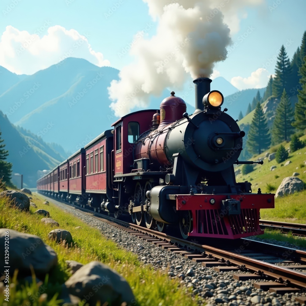 Obraz premium Vintage steam locomotive in mountainous terrain, heritage, forest