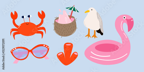 Collection of summer beach vector cartoon elements. Summer vacation and holidays. Sunglasses, inflatable ring, crab, coconut