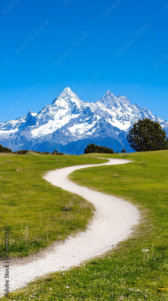 Fototapeta premium Winding path leads to snow-capped mountains under a vibrant blue sky