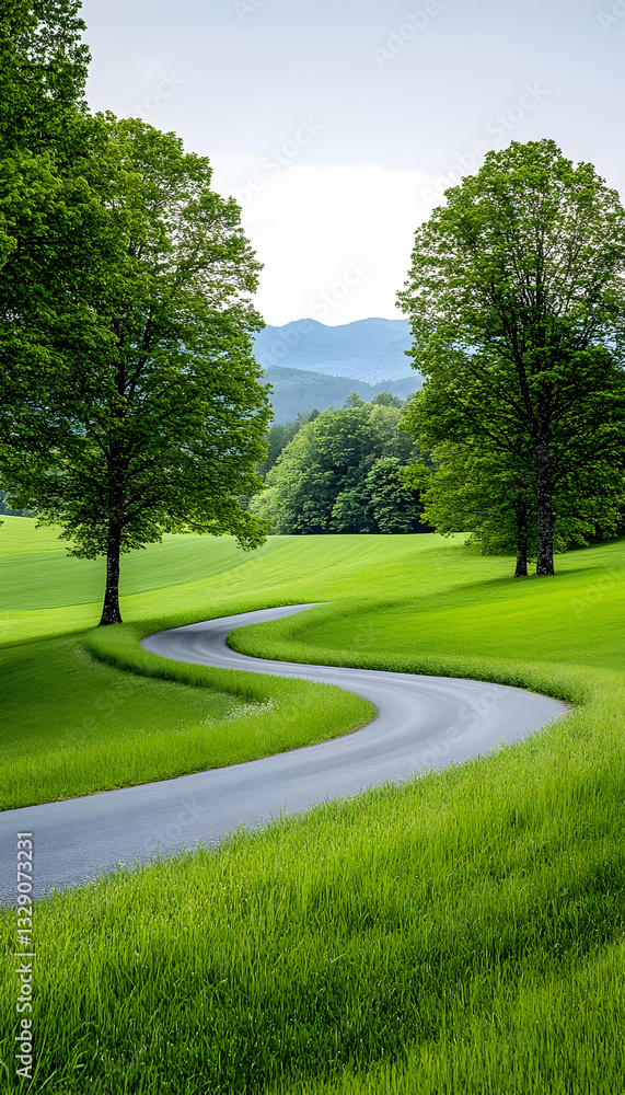 Fototapeta premium Winding road through lush green fields and trees, leading to distant mountains under a soft sky