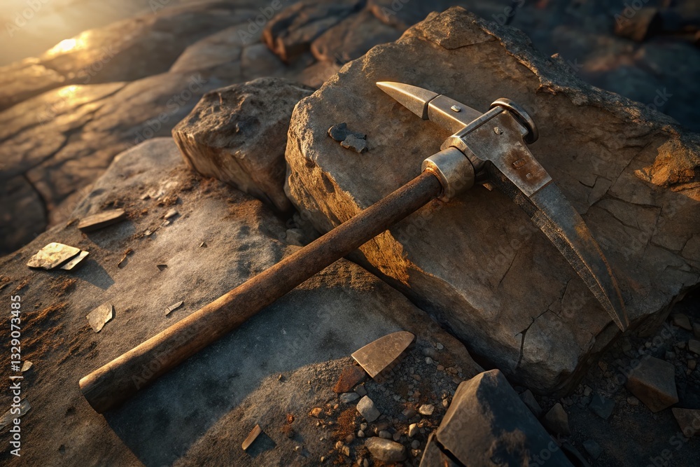 Aerial View of a Single Pickaxe Head on Rocky Ground, Drone Photography Aerial View of a Single Pickaxe Head on Rocky Ground, Drone Photography