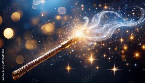A magic wand glowing with a soft, ethereal light, surrounded by faint sparkles in the air, radiating an aura of mystical energy, as if ready to cast a powerful spell