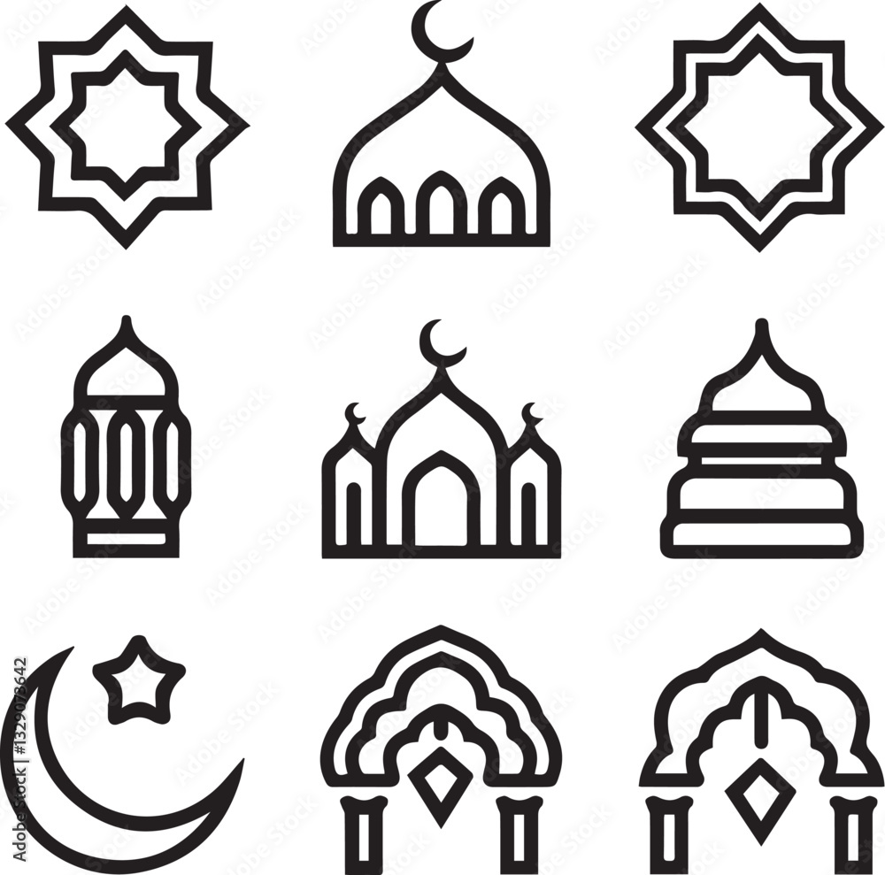 Simple Black Line Islamic Icons Set Simple Black Line Islamic Icons Set