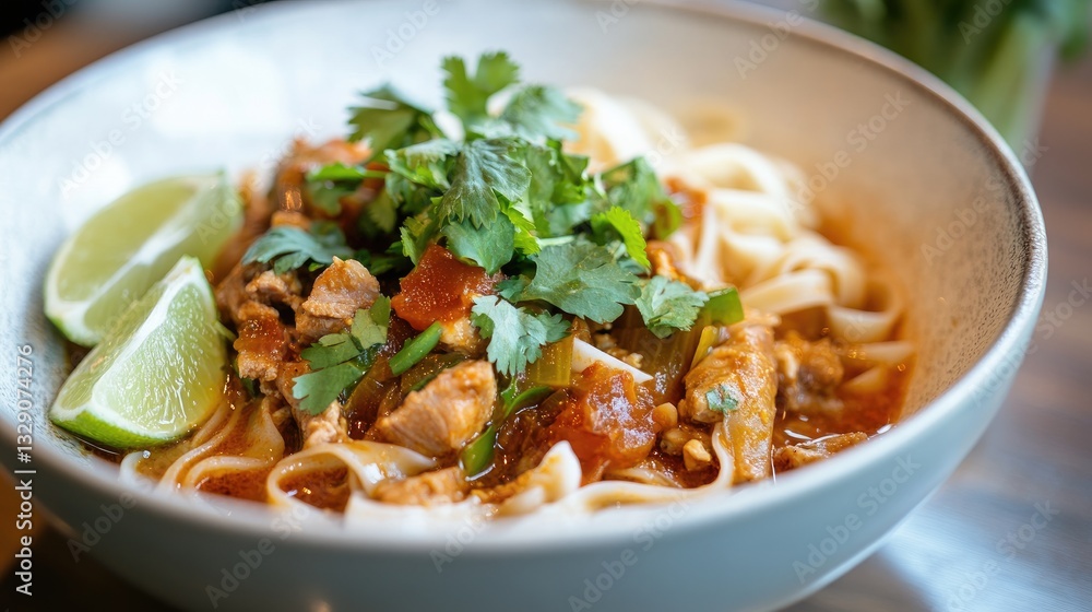 Delicious bowl of noodle soup topped with fresh cilantro and lime wedges garnished with ingredients in a rustic setting Delicious bowl of noodle soup topped with fresh cilantro and lime wedges garnished with ingredients in a rustic setting