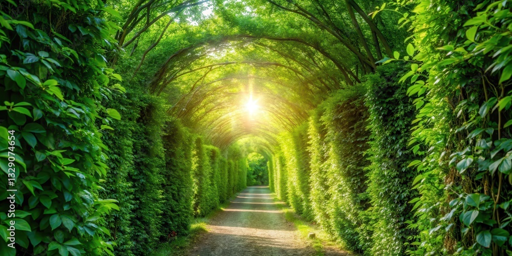 Dense foliage creates a vibrant green tunnel effect as sunlight filters through , greenery, outdoors Dense foliage creates a vibrant green tunnel effect as sunlight filters through , greenery, outdoors