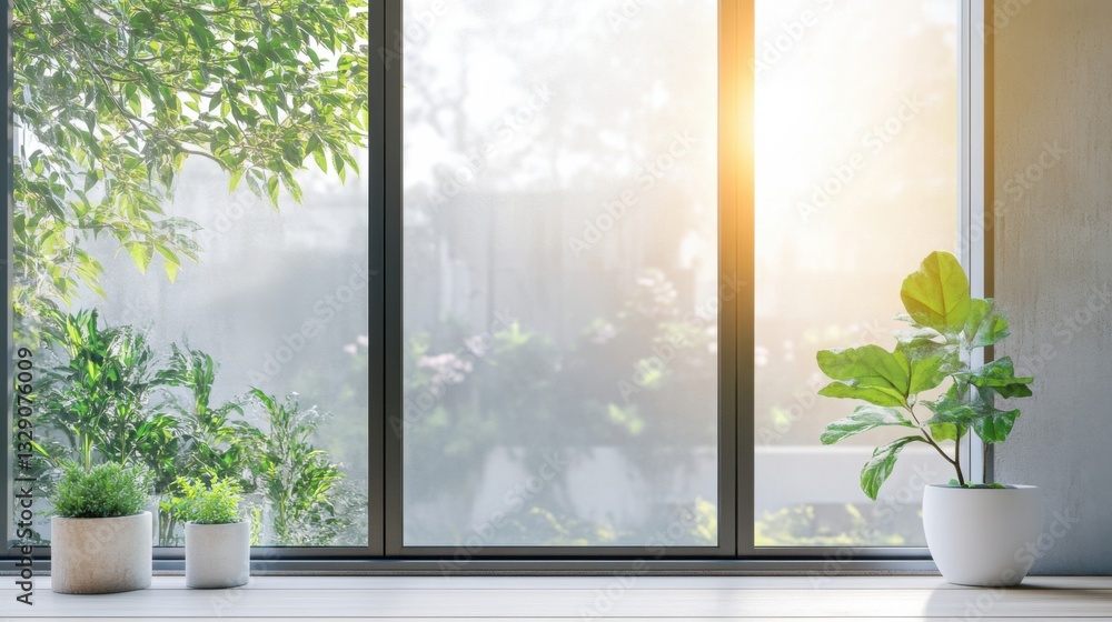 Naklejka premium A smart glass window, modern building with windows adjusting opacity based on sunlight, Home-tech style