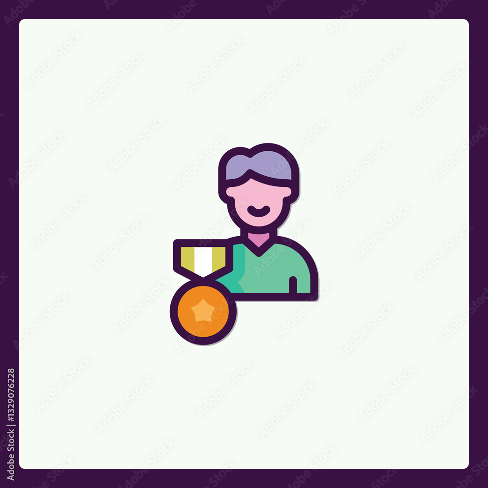 Person icon displaying achievement with medal and smiling facial expression Person icon displaying achievement with medal and smiling facial expression