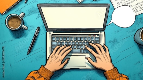 Overhead View of Hands Typing on Laptop, Teal Desk, Comic Book Style