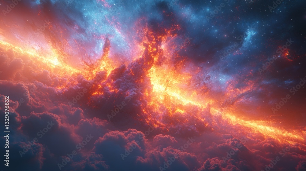 Fiery cosmic cloudscape with swirling nebula and vibrant colors. Fiery cosmic cloudscape with swirling nebula and vibrant colors.