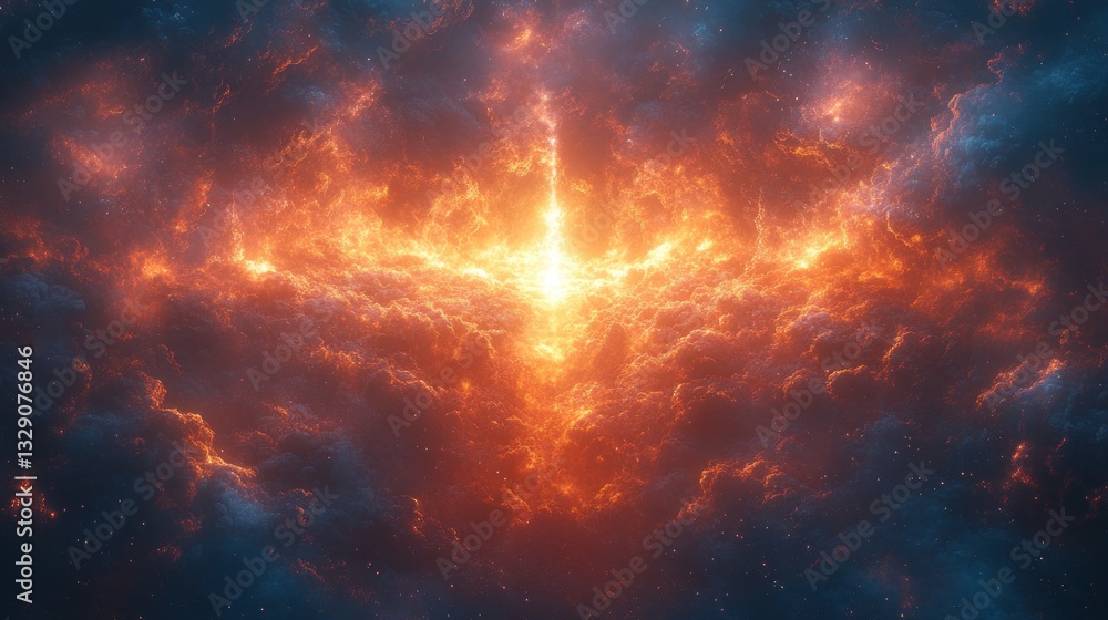 Fototapeta premium Fiery cosmic cloud formation with bright light emanating from its center, resembling a celestial event or phenomenon.