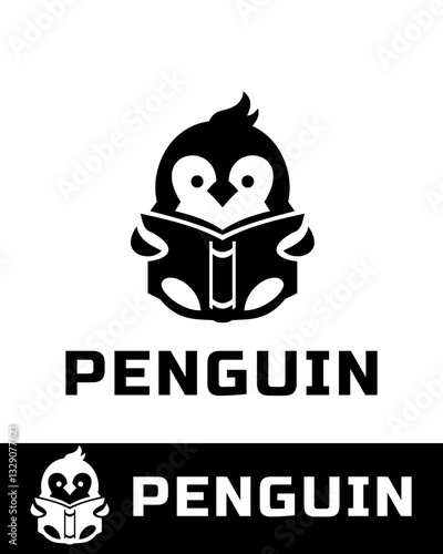 A creative penguin logo featuring a cute, stylized penguin reading a book, designed in black and white