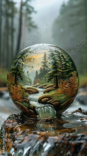 a rainy scene in a glass bead