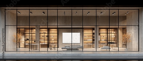 Modern retail store interior with large glass facade and display shelves