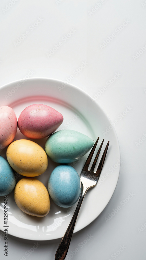 Easter Celebration: Elegant White Plate with Colorful Eggs and Fork for Marketing, Family Gatherings, and Holiday Promotions Easter Celebration: Elegant White Plate with Colorful Eggs and Fork for Marketing, Family Gatherings, and Holiday Promotions