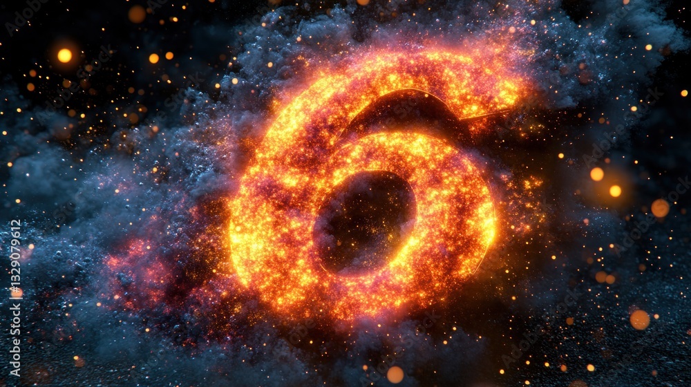 Fototapeta premium Fiery number six engulfed in smoke and sparks against a dark background.