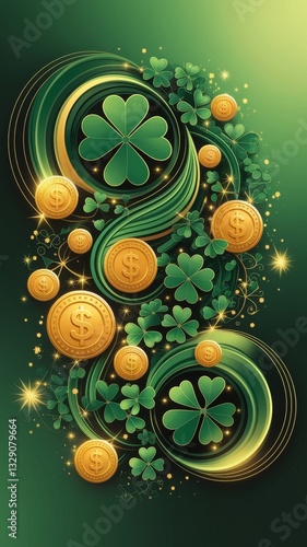 Wallpaper Mural Elegant clovers and shimmering gold coins float in a dynamic, swirling green background, symbolizing Irish luck and fortune Torontodigital.ca