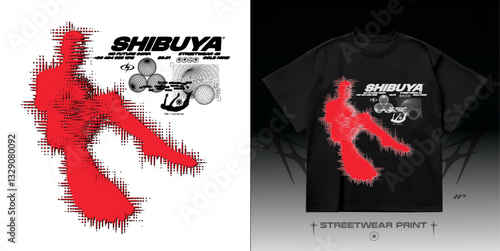 Shibuya brutalism print. Distorted human silhouette with retro wireframe and blurred glitch effect. T-shirt streetwear design. Vector