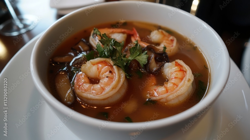 Shrimp Soup with Fresh Herbs and Vegetables in White Bowl on Restaurant Table Shrimp Soup with Fresh Herbs and Vegetables in White Bowl on Restaurant Table