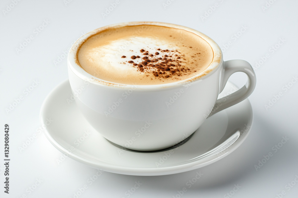 A freshly brewed cappuccino served in a cup, placed on a clean white background. The rich coffee crema and delicate milk foam create a visually appealing contrast, perfect for coffee-related branding. A freshly brewed cappuccino served in a cup, placed on a clean white background. The rich coffee crema and delicate milk foam create a visually appealing contrast, perfect for coffee-related branding.