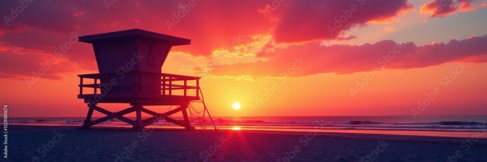Elevated lifeguard stand silhouetted against vibrant sunset sky , relaxation, dusk Elevated lifeguard stand silhouetted against vibrant sunset sky , relaxation, dusk