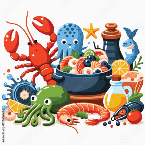 seafood, fish, restaurant, food, menu, dinner, sea, sketch, ocean, fresh, illustration, vector, vintage, market, shellfish, octopus, ink, meal, gourmet, shrimp, lobster, drawing, design, background, c