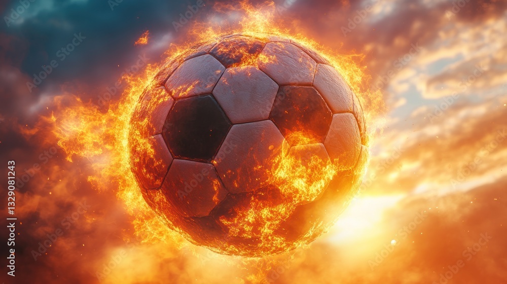 Fototapeta premium Fiery soccer ball engulfed in flames against a dramatic sunset sky.