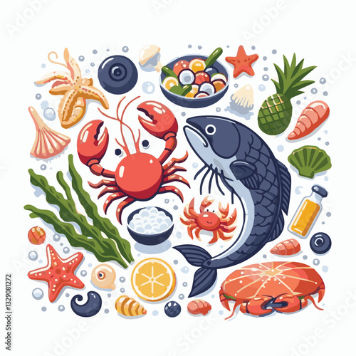 seafood, fish, restaurant, food, menu, dinner, sea, sketch, ocean, fresh, illustration, vector, vintage, market, shellfish, octopus, ink, meal, gourmet, shrimp, lobster, drawing, design, background, c