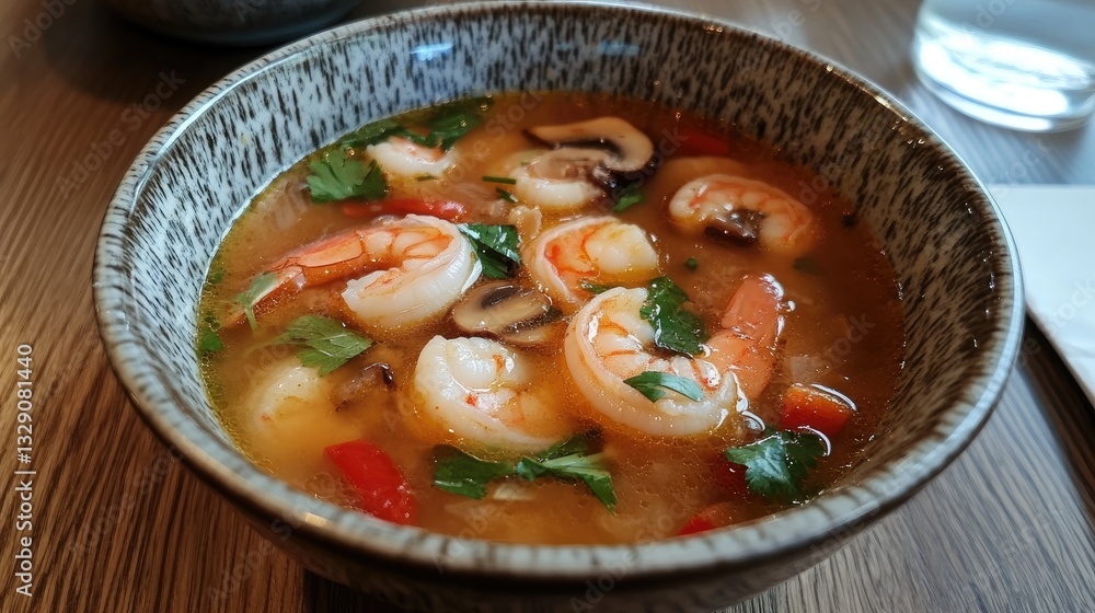 Delicious shrimp soup with fresh herbs, colorful vegetables, and rich broth in a rustic bowl on wooden table Delicious shrimp soup with fresh herbs, colorful vegetables, and rich broth in a rustic bowl on wooden table