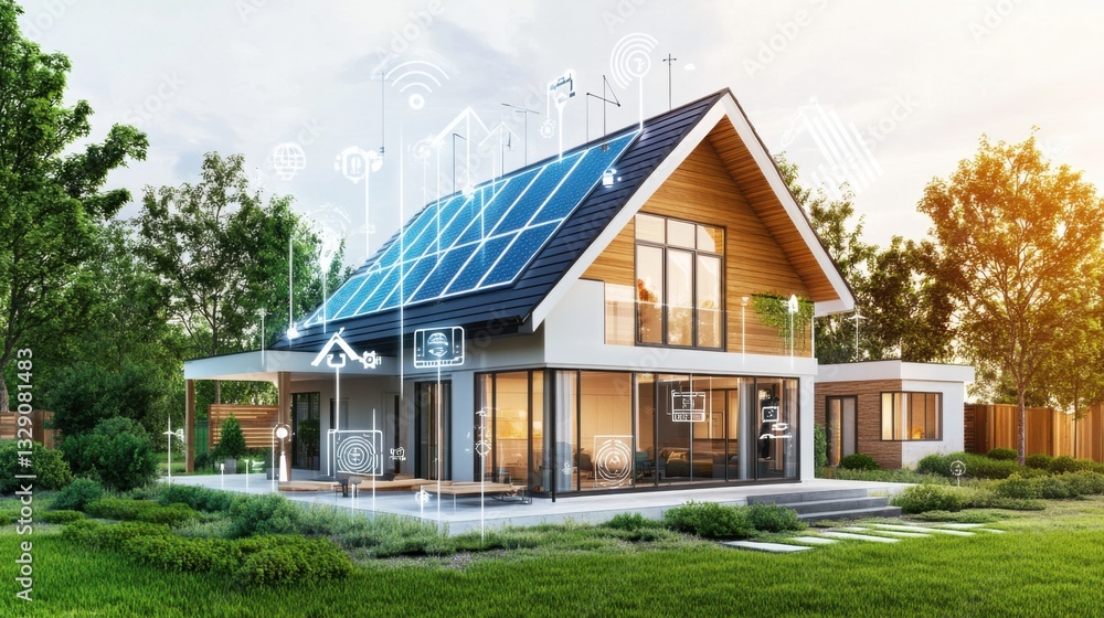 A smart home energy management system, modern home with smart devices controlling energy usage and efficiency, Energy-tech style A smart home energy management system, modern home with smart devices controlling energy usage and efficiency, Energy-tech style