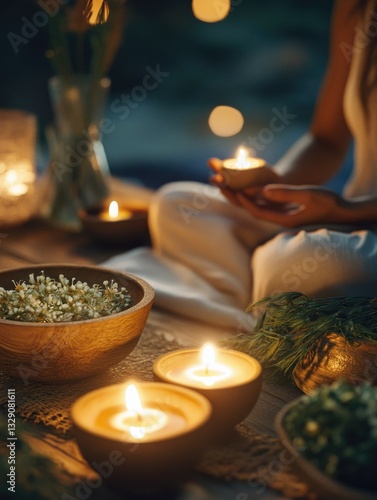 A person in a yoga pose with bowls of herbs and lit candles, underlining a spiritual or ritualistic atmosphere.