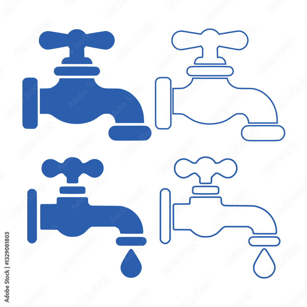 Set of Water Tap with Droplets in Solid and Outline Style Set of Water Tap with Droplets in Solid and Outline Style
