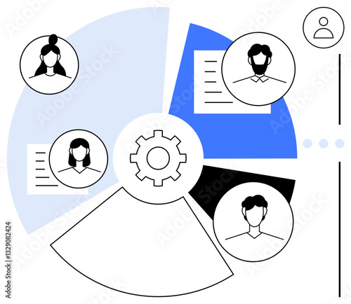 Circular composition with people profiles, documents, and central gear. Ideal for teamwork, organization, workflow, management, communication, data sharing flat simple metaphor