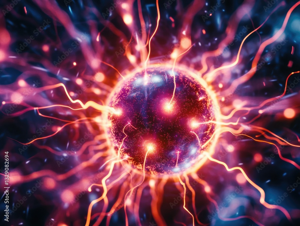 Fototapeta premium Purple and red electrical sparks around a glowing core