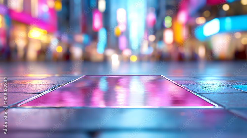 Fototapeta premium Neon Cityscape Reflection on Wet Pavement at Night for Urban Backdrop